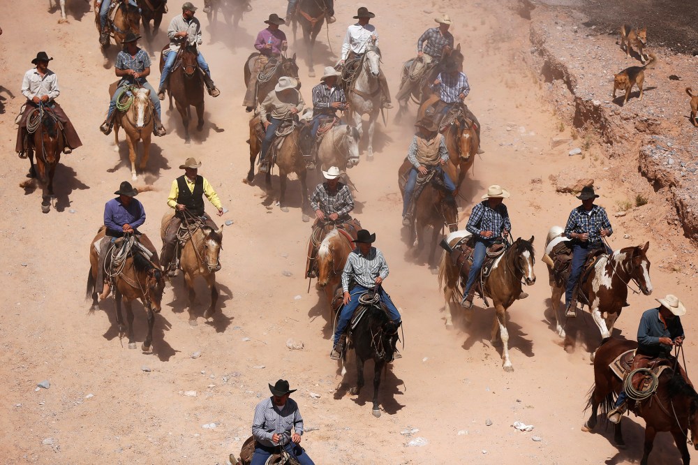 Protesters fall back from the gates of the Bureau of Land Management's base camp where seized cattle, that belonged to rancher Cliven Bundy, were being held at near Bunkerville, Nevada April 12, 2014.