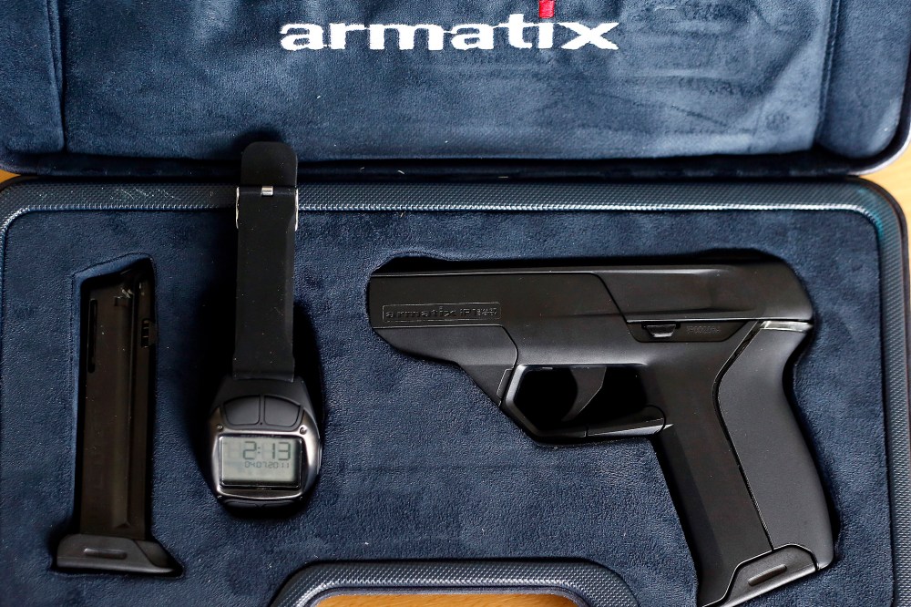 A smart gun by Armatix is pictured at the Armatix headquarters in Munich May 14, 2014.