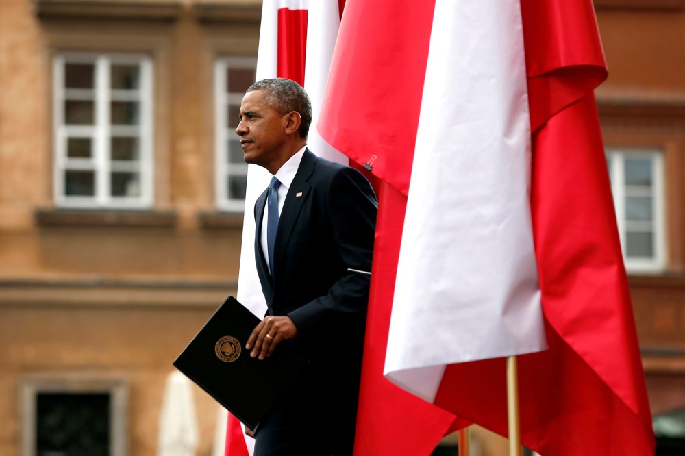 U.S President Barack Obama takes to the stage to speak at a Freedom Day event at Royal Square in Warsaw
