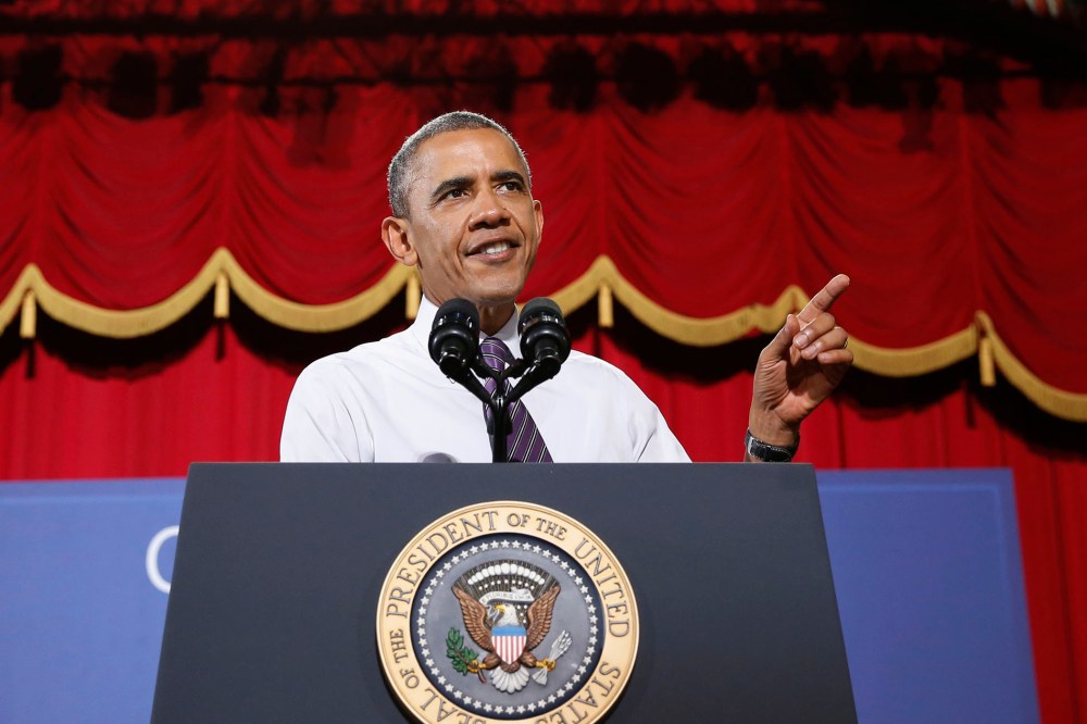 U.S. President Barack Obama speaks at the Uptown Theater in Kansas City, Missouri, July 30, 2014.