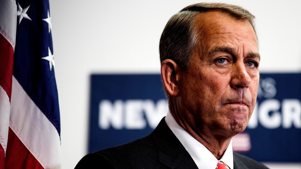 Speaker of the House John Boehner listens as his fellow Republicans speak to the media after a conference meeting with House Republicans on Capitol Hill in Washington Jan. 21, 2015. (Photo by Joshua Roberts/Reuters)