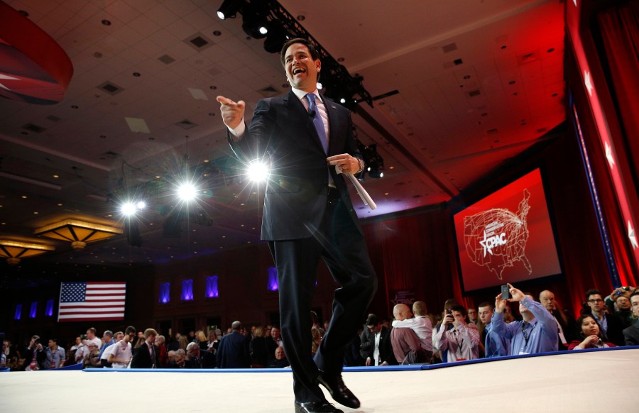 US Senator Marco Rubio (R-FL) points to supporters after speaking at the Conservative Political Action Conference (CPAC) at National Harbor in Md., Feb. 27, 2015. (Photo by Kevin Lamarque/Reuters)