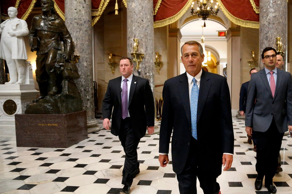 US House Speaker John Boehner returns to his office after a visit to the House floor for procedural votes for legislation to fund the Department of Homeland Security at the Capitol in Washington, Feb. 27, 2015. (Photo by Jonathan Ernst/Reuters)