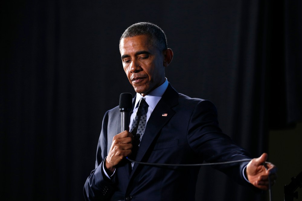 President Barack Obama pauses while speaking during an event in Ohio March 18, 2015. (Photo by Kevin Lamarque/Reuters)