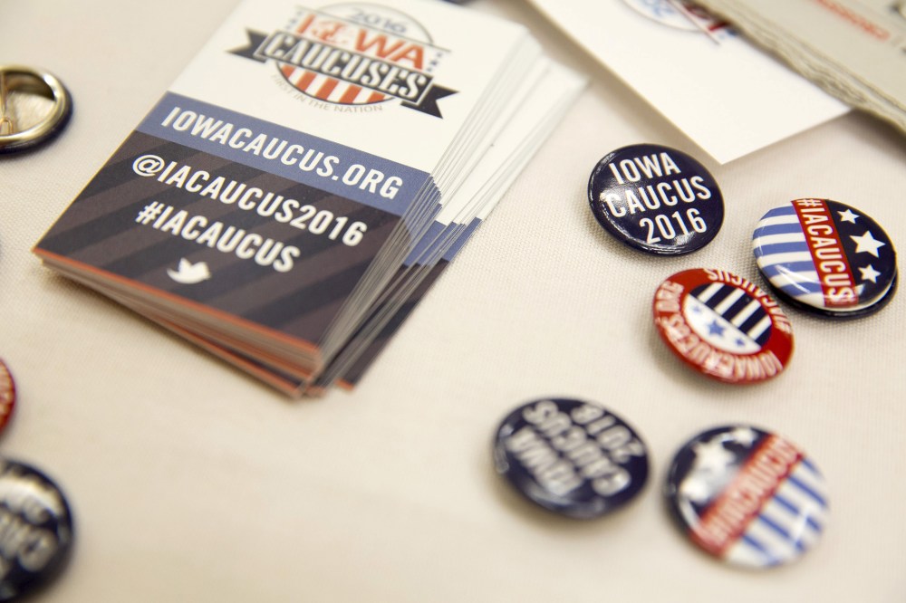 Buttons for visitors at the Greater Des Moines Partnership Iowa Caucus Consortium candidate forum are seen before a visit by U.S. Republican presidential candidate Jeb Bush in Des Moines, Ia., Oct. 8, 2015. (Photo by Scott Morgan/Reuters)