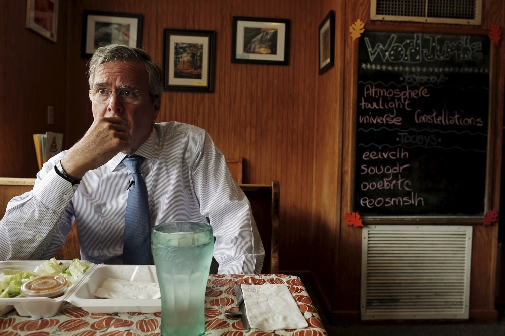 U.S. Republican presidential candidate Jeb Bush listens to a question during an interview at Nonie's Restaurant in Peterborough, NH., Oct. 13, 2015. (Photo by Brian Snyder/Reuters)