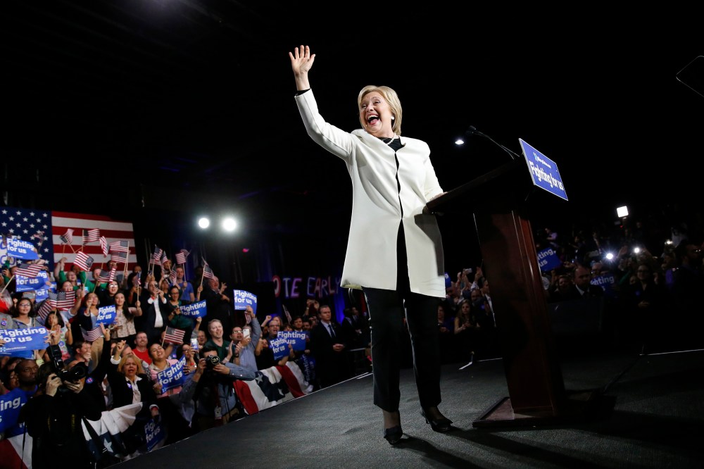 Democratic presidential candidate Hillary Clinton waves as she speaks to supporters at her Super Tuesday primary night party in Miami, Fla., March 1, 2016. (Photo by Jonathan Ernst/Reuters)