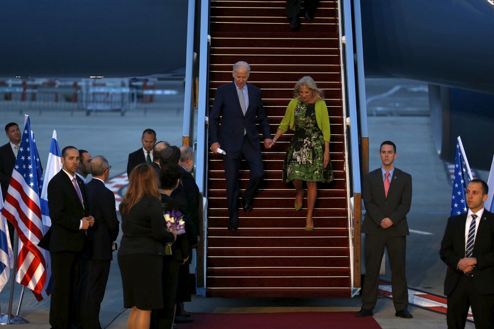 U.S. Vice President Joe Biden and his wife Jill disembark from a plane upon landing at Ben Gurion International Airport in Lod, near Tel Aviv, Israel, March 8, 2016. (Photo by Baz Ratner/Reuters)
