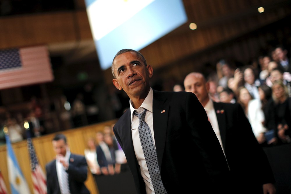 President Barack Obama leaves a town hall meeting with entrepreneurs as part of Obama's two-day visit to Argentina, in Buenos Aires, March 23, 2016. (Photo by Carlos Barria/Reuters)