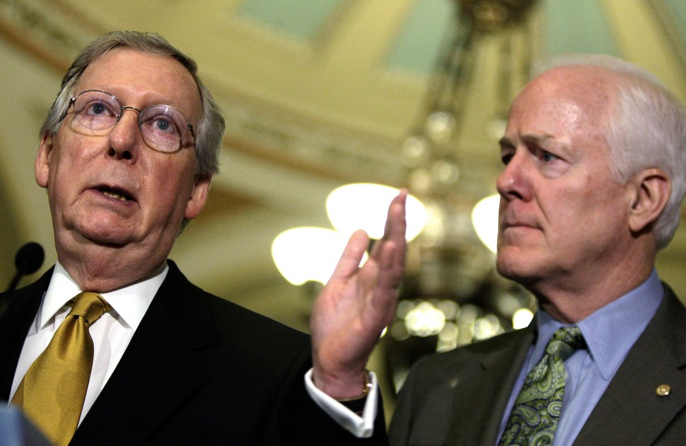 McConnell and Cornyn address reporters at the U.S. Capitol in Washington