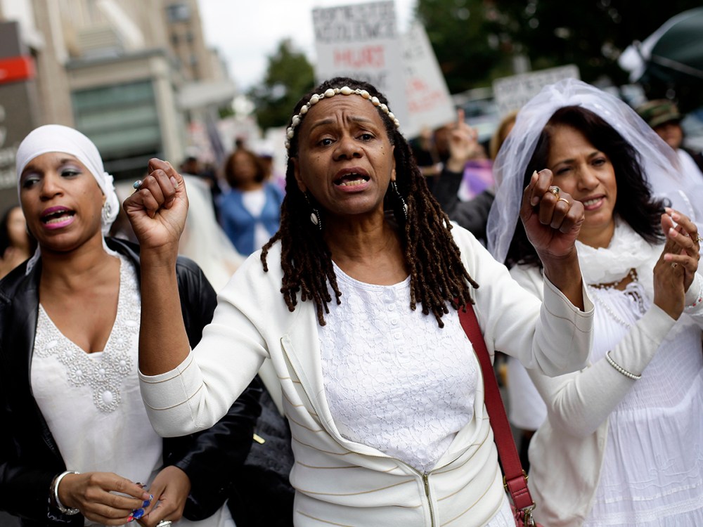 Women protest against domestic violence in New York