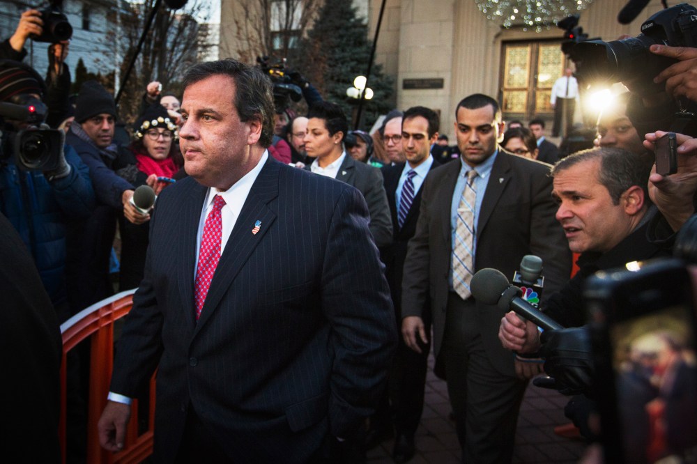 New Jersey Governor Chris Christie departs City Hall in Fort Lee, New Jersey, Jan. 9, 2014.