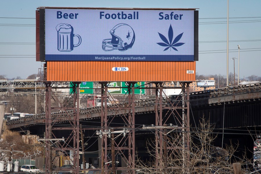 A billboard advertising the belief that marijuana is safer than alcohol or football is pictured alongside highway 495 in Secaucus, New Jersey, Jan. 29, 2014.