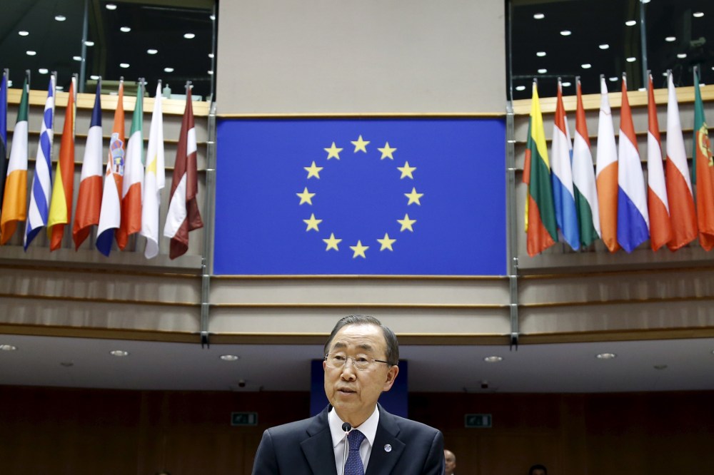 U.N. Secretary-General Ban Ki-moon addresses a plenary session of the EU Parliament in Brussels.
