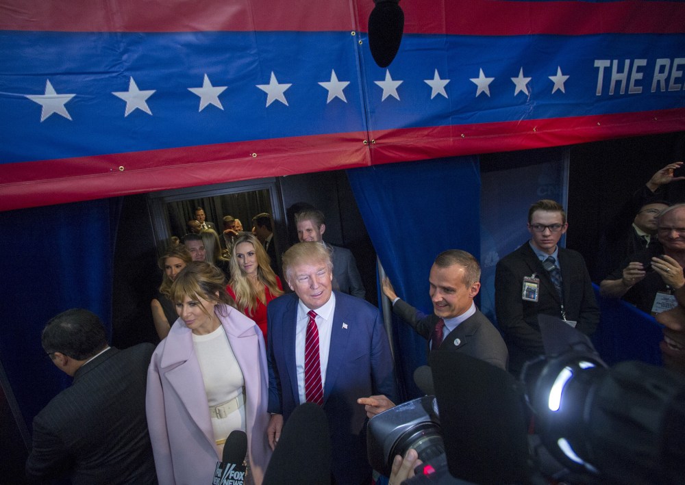 Republican U.S. presidential candidate Donald Trump speaks with the media following the 2016 U.S. Republican presidential candidates debate held by CNBC in Boulder, Colo., Oct. 28, 2015. (Photo by Evan Semon/Reuters)