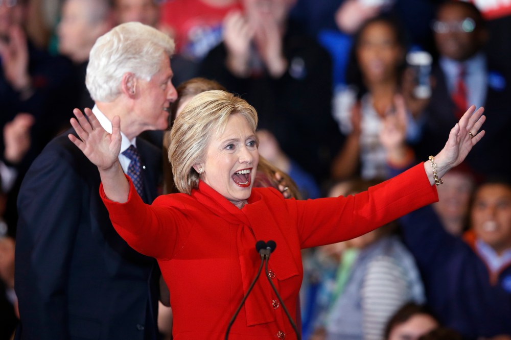 Democratic presidential candidate Hillary Clinton celebrates at her caucus night rally in Des Moines, Iowa Feb. 1, 2016. (Photo by Adrees Latif/Reuters)