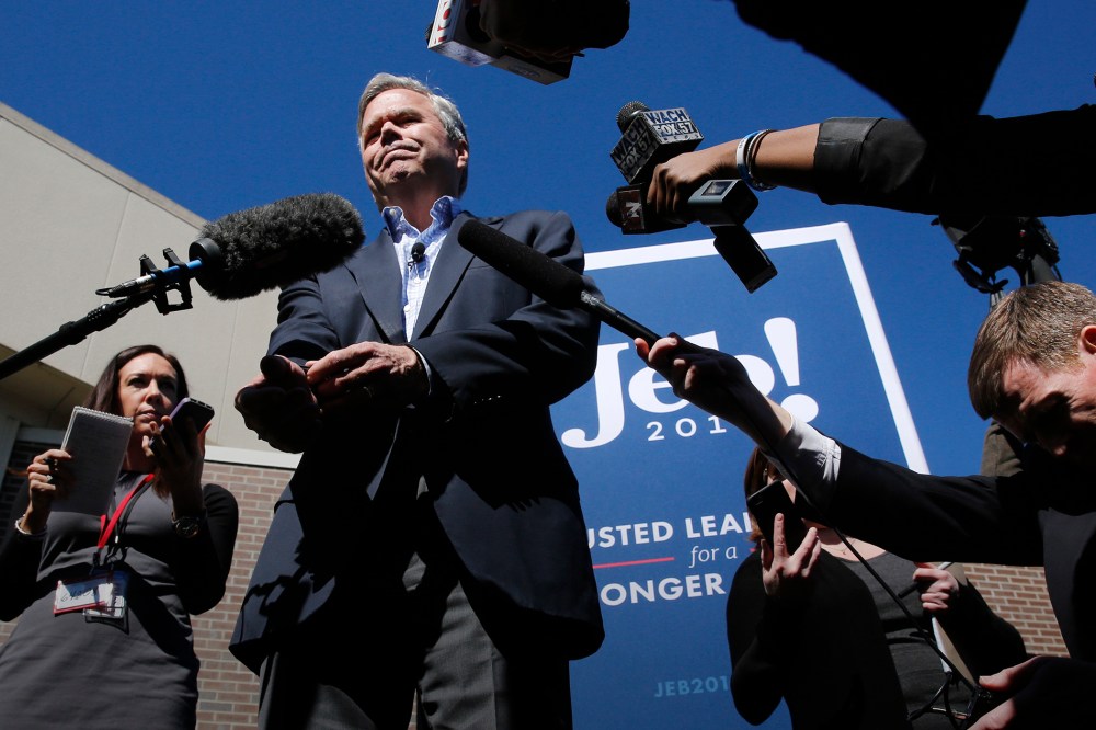 Republican presidential candidate Jeb Bush talks to reporters after a town hall meeting at a gun factory called FN America in Columbia, S.C., Feb. 16, 2016. (Photo by Jonathan Ernst/Reuters)
