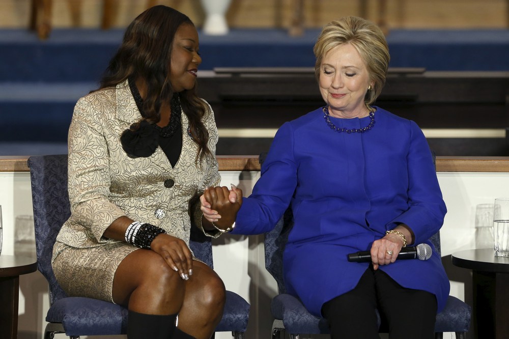 Sybrina Fulton (L), mother of shooting victim Trayvon Martin, endorses U.S. Democratic presidential candidate Hillary Clinton during a town hall meeting at Central Baptist Church in Columbia, S.C., on Feb. 23, 2016. (Photo by Jonathan Ernst/Reuters)