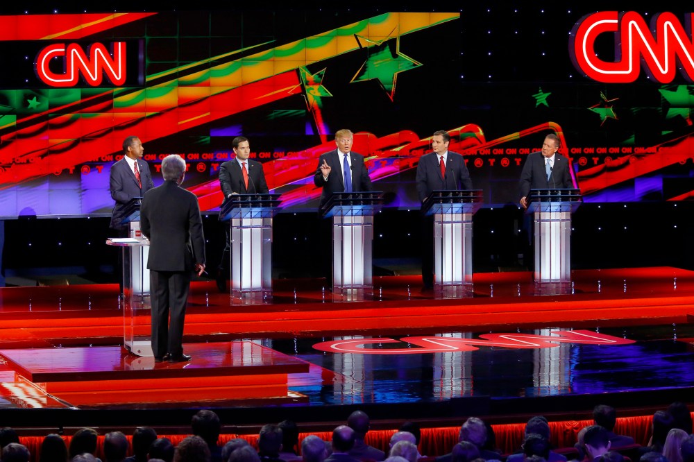Republican presidential candidates participate during the Republican Presidential Primary Debate on Feb. 25, 2016 in Houston, Texas. (Photo by Mike Stone/Reuters)