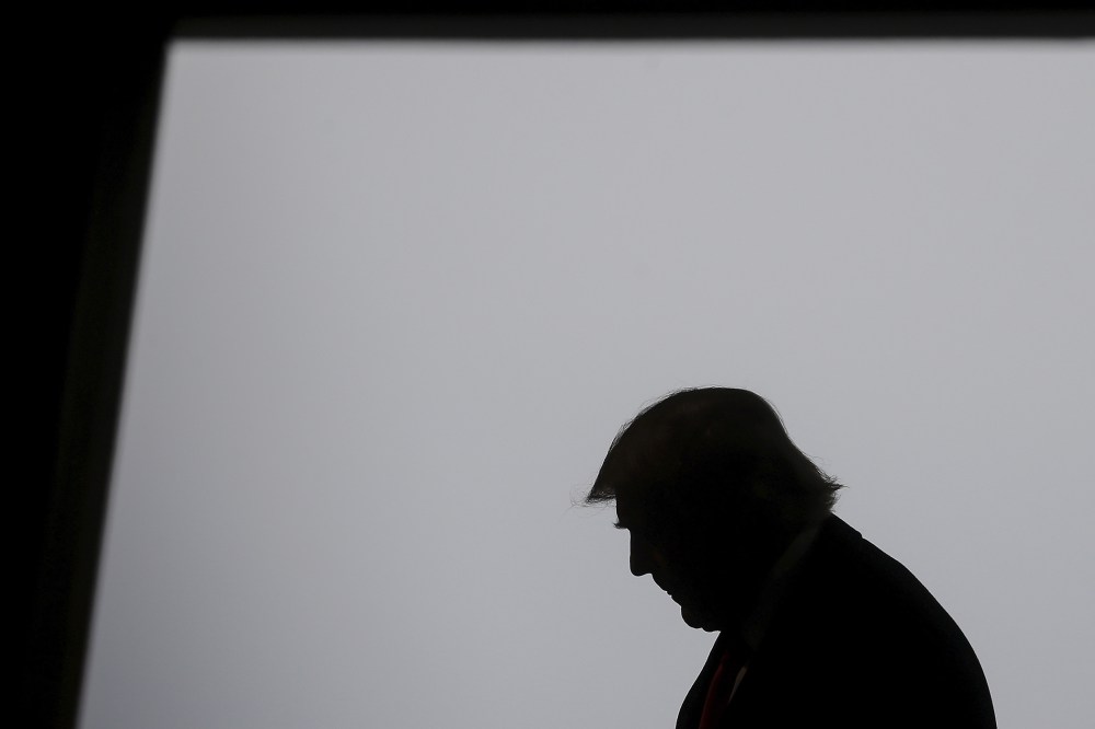 U.S. Republican presidential candidate Donald Trump speaks during a campaign event at an airplane hanger in Rochester, N.Y., April 10, 2016. (Photo by Carlo Allegri/Reuters)