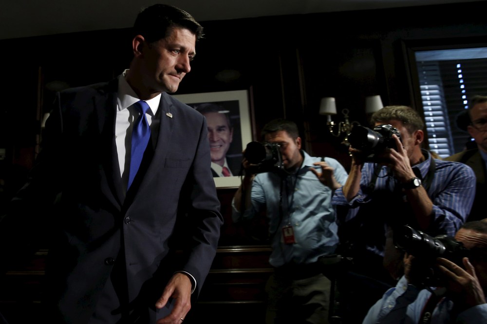 House Speaker Paul Ryan leaves after making a statement to the media on Capitol Hill in Washington ruling himself out as a potential 2016 presidential candidate April 12, 2016. (Photo by Yuri Gripas/Reuters)