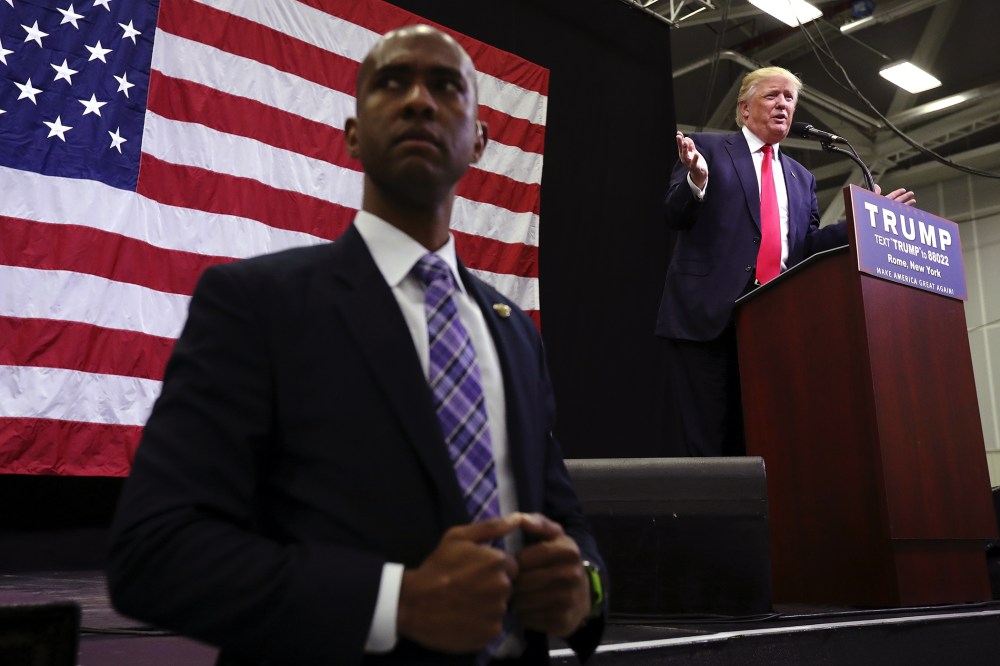 Republican presidential candidate Donald Trump speaks at a campaign event in an airplane hanger in Rome, New York April 12, 2016. (Photo by Carlo Allegri/Reuters)