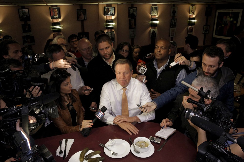 Republican U.S. presidential candidate John Kasich speaks to reporters at PJ Bernstein's Deli Restaurant in New York City, April 16, 2016. (Photo by Brendan McDermid/Reuters)