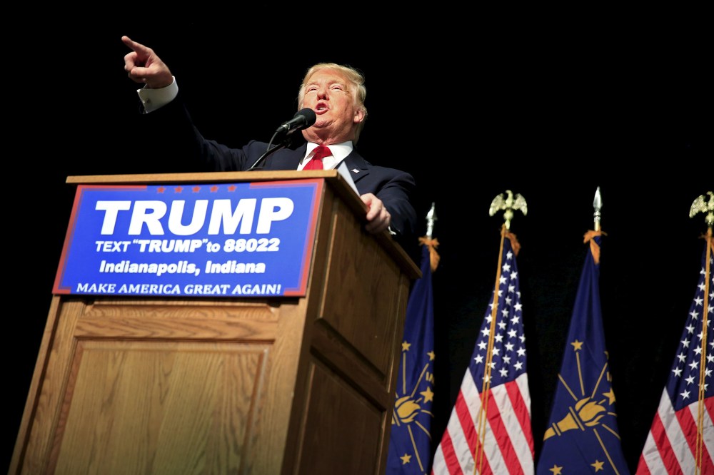 Republican presidential candidate Donald Trump speaks at a campaign event at the Indiana State Fairgrounds in Indianapolis, Ind., April 20, 2016. (Photo by Aaron Bernstein/Reuters)