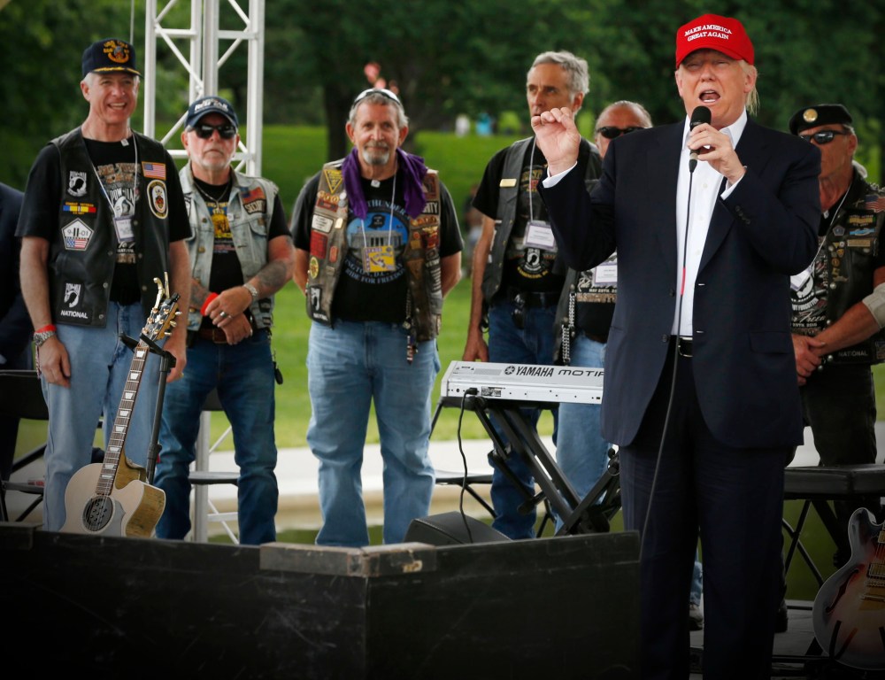 Republican U.S. presidential candidate Donald Trump addresses bikers as part of the Rolling Thunder speakers program at the Reflecting Pool near the Lincoln Memorial in Washington, May 29, 2016. (Photo by Jonathan Ernst/Reuters)