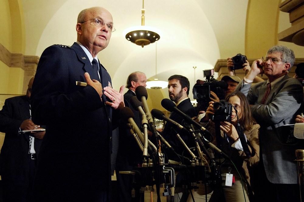 Hayden speaks as he departs a closed-door session with the House Select Committee on Intelligence at the Capitol in Washington