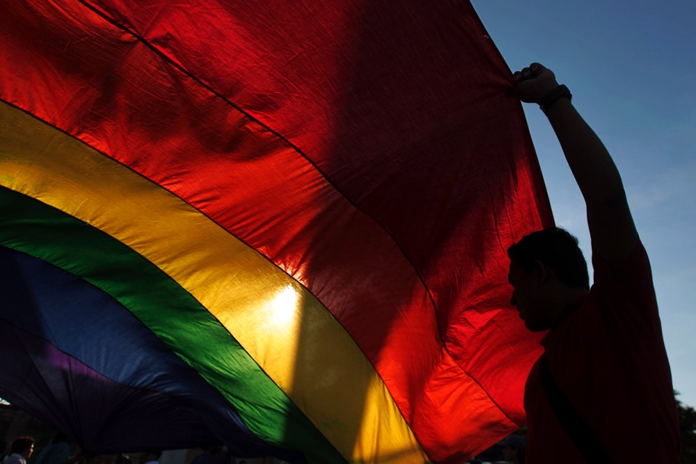 A gay rights activist holds a rainbow flag.