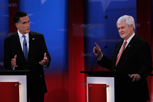 Mitt Romney and Newt Gingrich duke it out at the NBC News Republican debate in Tampa, Florida on Monday.