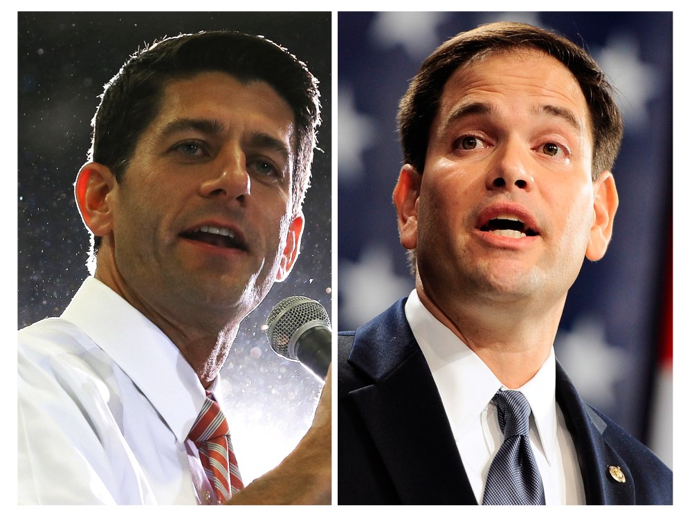 File Photo (L-R) Rep. Paul Ryan (R-WI) speaks to supporters during a campaign rally at the Fredericksburg Expo and Conference Center, on October 16, 2012 in Fredericksburg, Virginia. (Photo by Mark Wilson/Getty Images) Sen. Marco Rubio (R-FL) speaks...