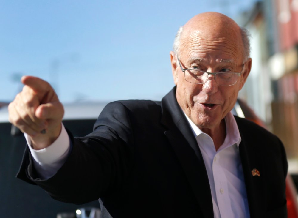 Sen. Pat Roberts, R-Kan., points to supporters during a campaign stop in Leavenworth, Kan., on Oct. 30, 2014.