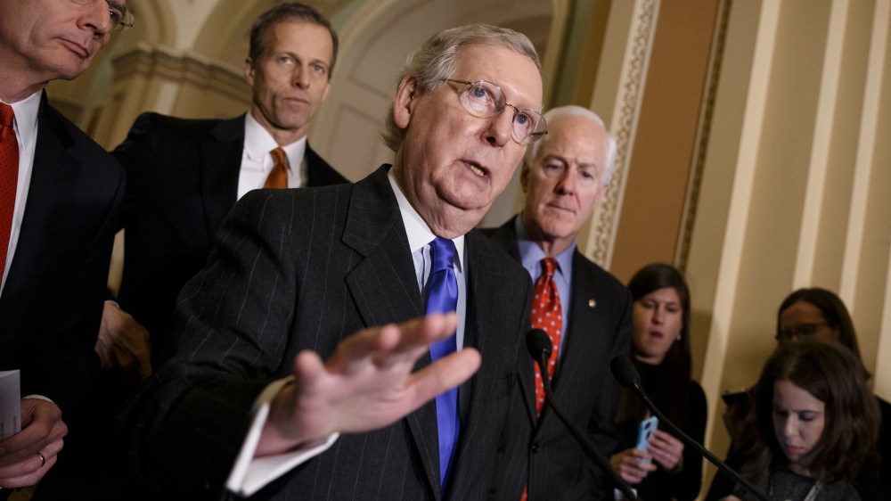 Senate Majority Leader Mitch McConnell during a news conference on Capitol Hill in Washington on Feb. 10, 2015. (Photo by J. Scott Applewhite/AP)