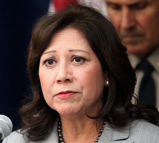 This Nov. 16, 2012 file photo shows Labor Secretary Hilda Solis speaking in Los Angeles. (AP Photo/Richard Vogel, File)