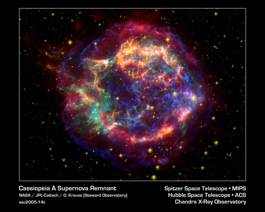 This stunning false-color picture shows off the many sides of the supernova remnant Cassiopeia A.