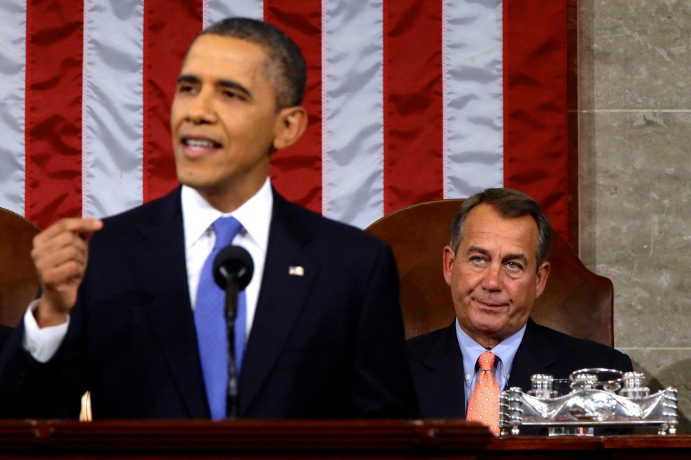 House Speaker John Boehner, who has previously forsworn the word "compromise," appeared nonplussed at most of the proposals President Obama offered in Tuesday night's State of the Union address. (AP Pool)