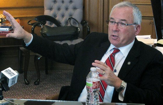 Kansas House Speaker Mike O'Neal answers reporters' questions, Friday, Feb. 25, 2011, at the Statehouse in Topeka, Kan. O'Neal says he's considering banning union lobbyists who participated in a demonstration in the House gallery from the gallery.