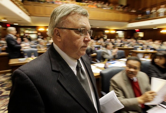 House Minority Leader B. Patrick Bauer, D-South Bend, arrives in the House Chamber at the Statehouse Monday, Jan. 9, 2012, in Indianapolis. The House Democrats on Monday ended a three-day boycott of the Legislature over a contentious labor bill but are...