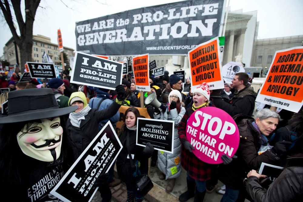 Pro-abortion rights activists, rally face-to-face against anti-abortion demonstrators as both march in front of the U.S. Supreme Court in Washington, D.C., January 25, 2013.