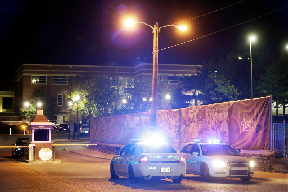 Police guard the main entrance to Tennessee State University, Oct. 23, 2015, while officials investigate the scene of a Thursday shooting on the campus in Nashville, Tenn. (Photo by Mark Humphrey/AP)