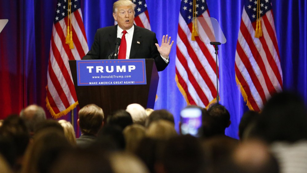 Presumptive Republican presidential nominee Donald Trump speaks at Trump Soho Hotel in New York on June 22, 2016. (Photo by Kena Betancur/AFP/Getty)