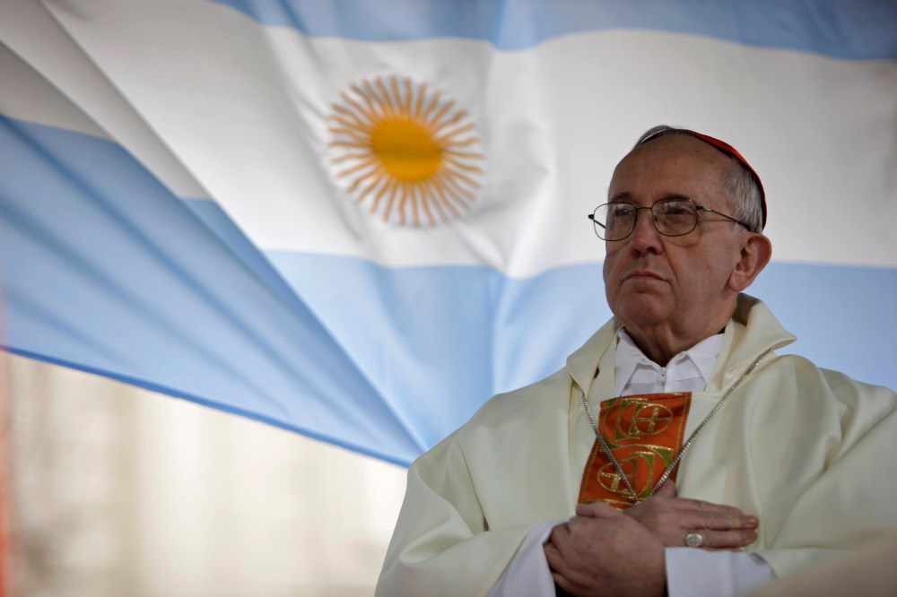 Argentina's Cardinal Jorge Bergoglio gives a mass outside the San Cayetano church in Buenos Aires, Friday Aug.7, 2009. (AP Photo/Natacha Pisarenko)
