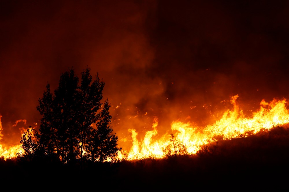 Flames rise near a tree on the ridge line above several homes on Twisp River Road just after midnight, Aug. 20, 2015 in Twisp, Wash. (Photo by Ted S. Warren/AP)