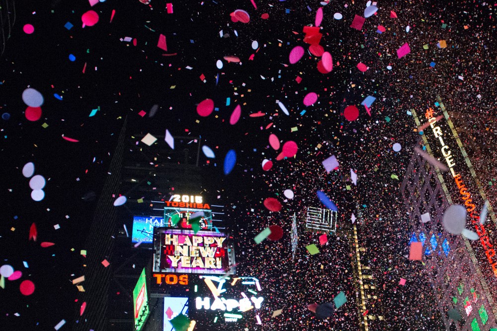 Confetti drops as the clock strikes midnight during New Year's Eve celebrations in Times Square, New York