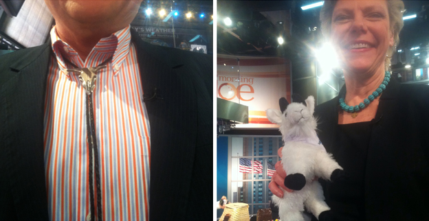 Gov. Brian Schweitzer, D-Mont., shows off his bolo tie (l.) and NPR's Cokie Roberts enjoys hanging out with her mountain goat.