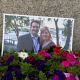 A photograph of Melissa Hortman and her husband amongst flowers