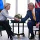 President Donald Trump and European Commission President Ursula von der Leyen shake hands.
