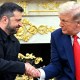 Volodymyr Zelenskyy, left, and Donald Trump shake hands